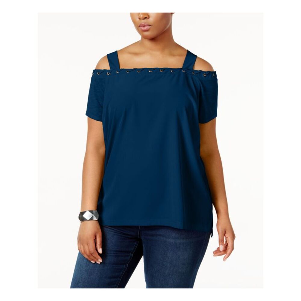 LOVE SCARLETT Womens Cold Shoulder Laced-grommets Short Sleeve Square Neck Top